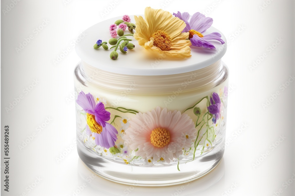 Poster a jar with a flower on it sitting on a table next to a white background with a white lid. generative