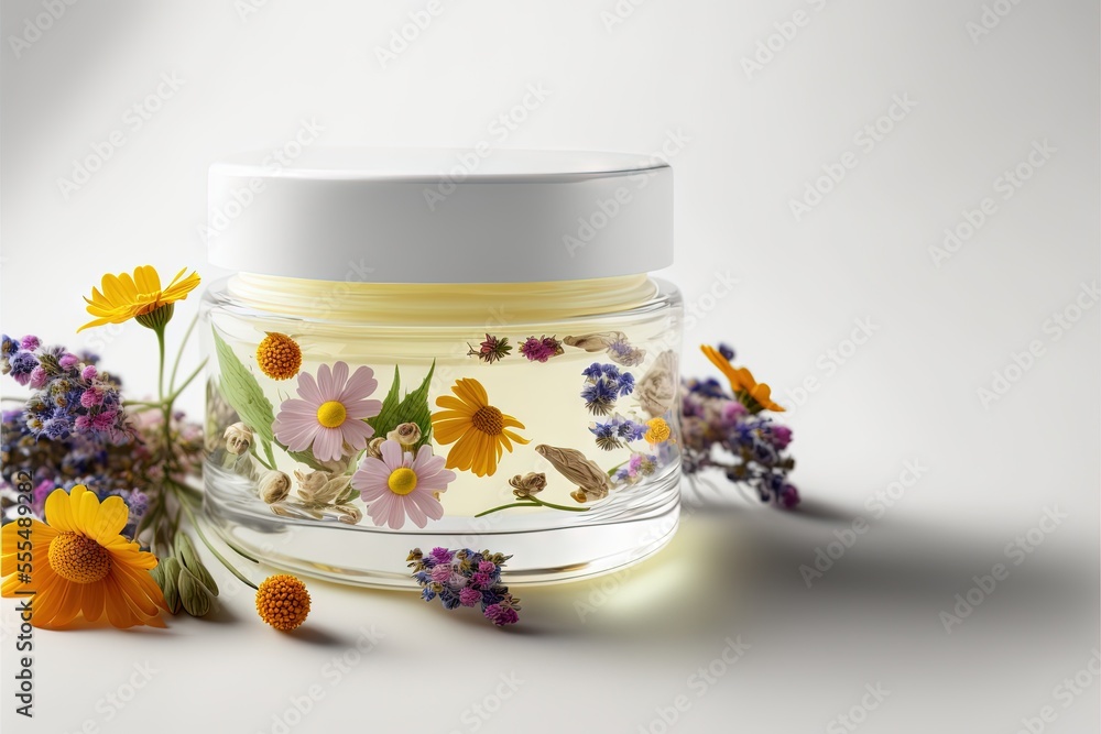 Poster a jar of honey with flowers on it and a white lid on a table with a white background and a white lid