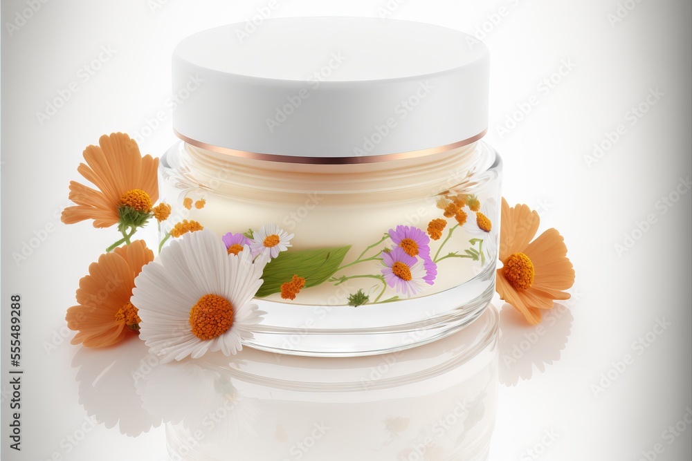 Poster a jar of cream with flowers on a white surface with a reflection of the jar on the table top. genera
