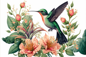  a hummingbird sitting on a branch of a flowery plant with pink flowers and green leaves around it. Generative AI - obrazy, fototapety, plakaty