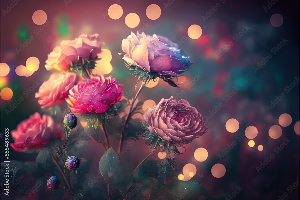 Poster a bunch of flowers that are in a vase on a table with lights in the background and a blurry backgrou