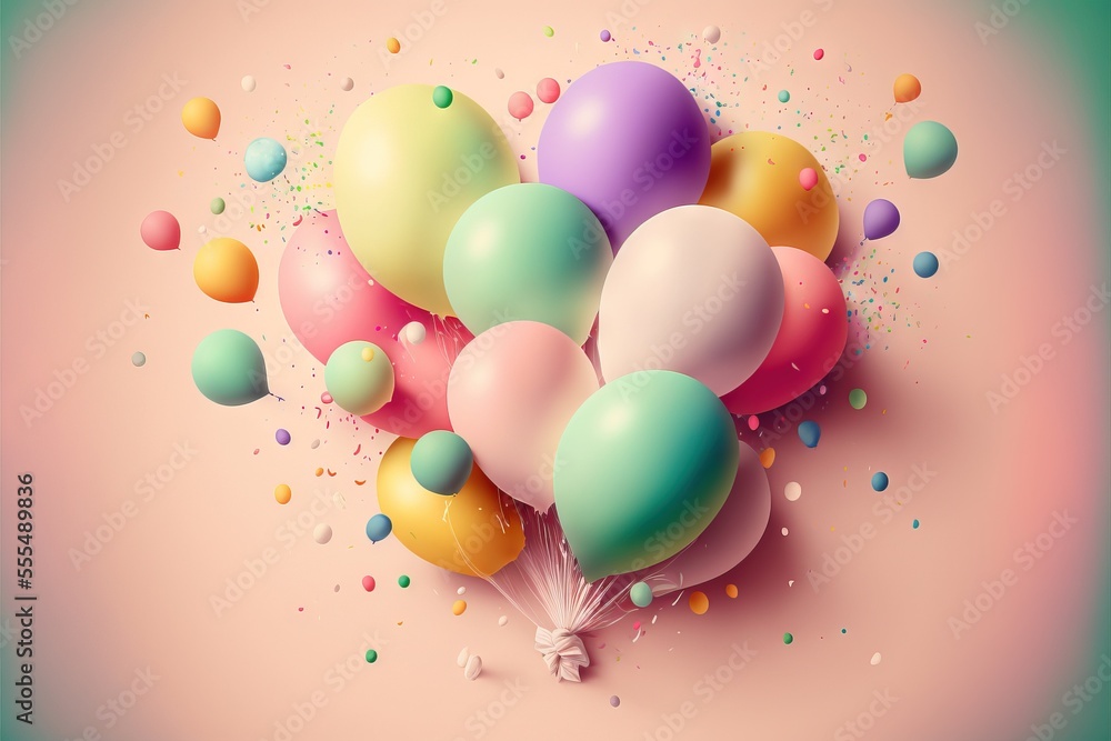 Poster a bunch of balloons floating in the air with confetti on them and a bunch of balloons in the air. ge