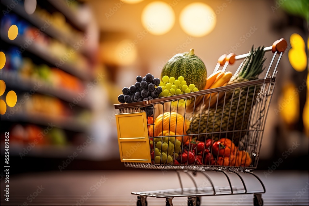 Poster a shopping cart filled with lots of different types of fruits and vegetables in a store aisle with l