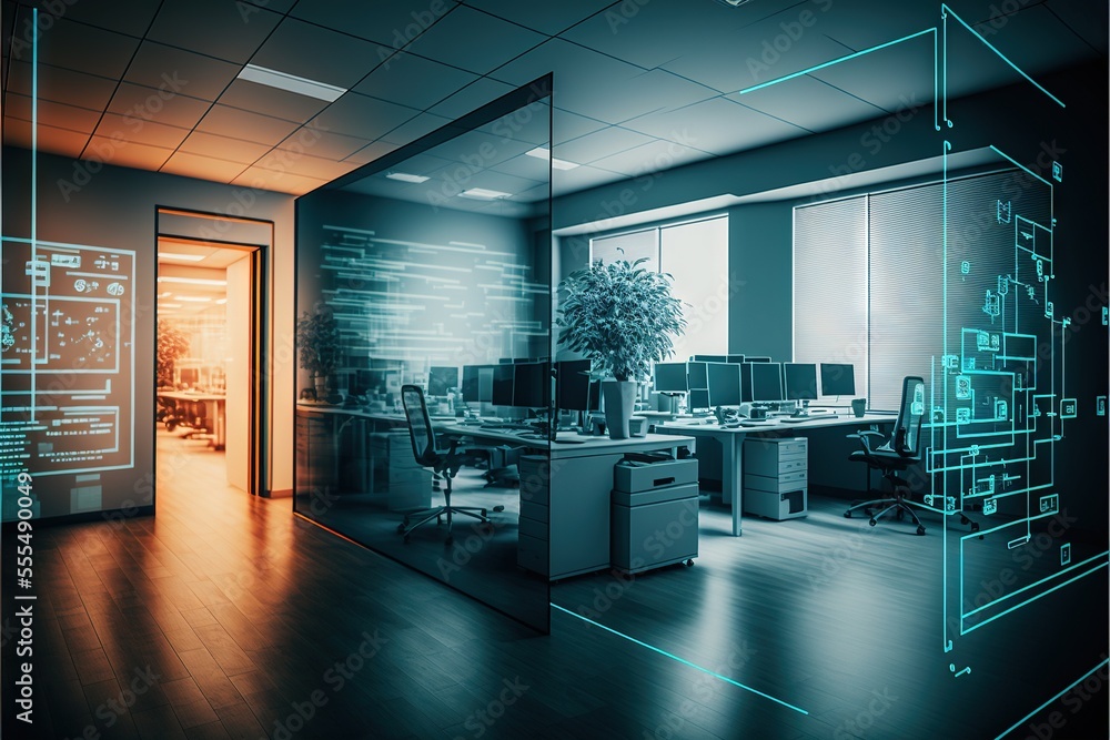 Poster a room with a glass wall and a computer desk with a plant in it and a large window with a view of a 