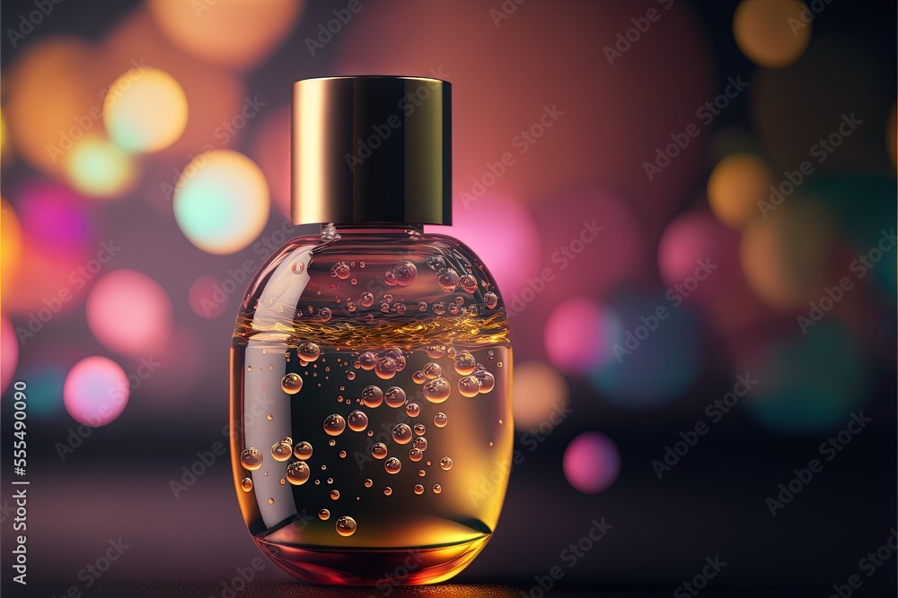 Poster a bottle of perfume with bubbles on a table top with a blurry background of lights in the background