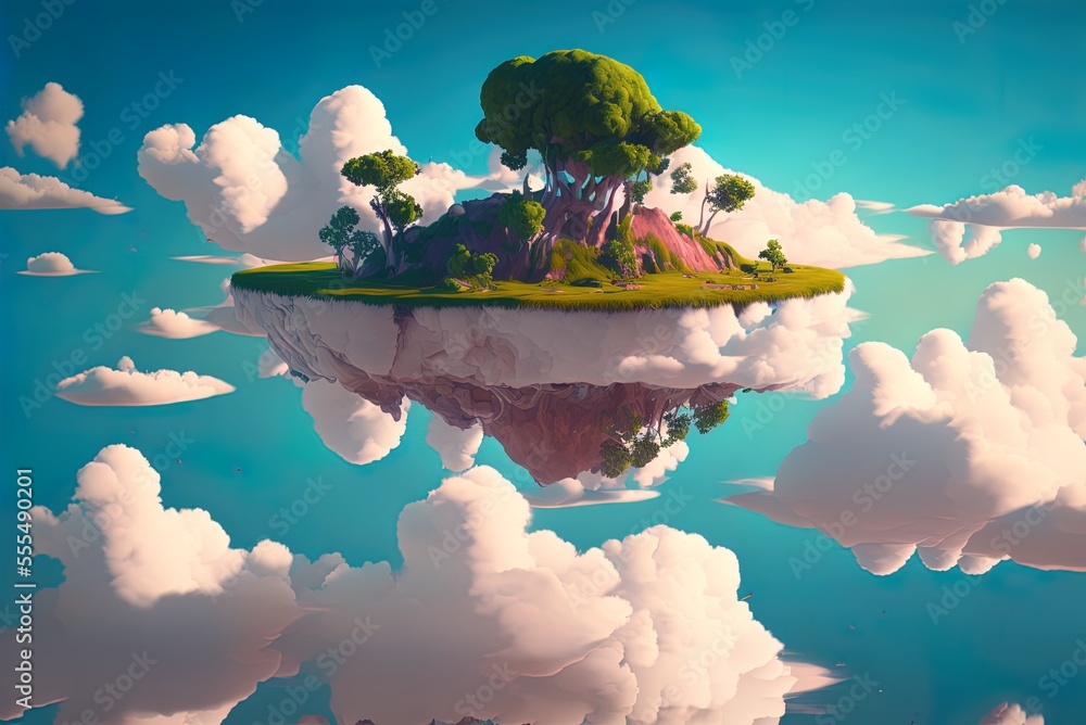 Poster landscape with trees and clouds in the sky on a floaty island generative ai