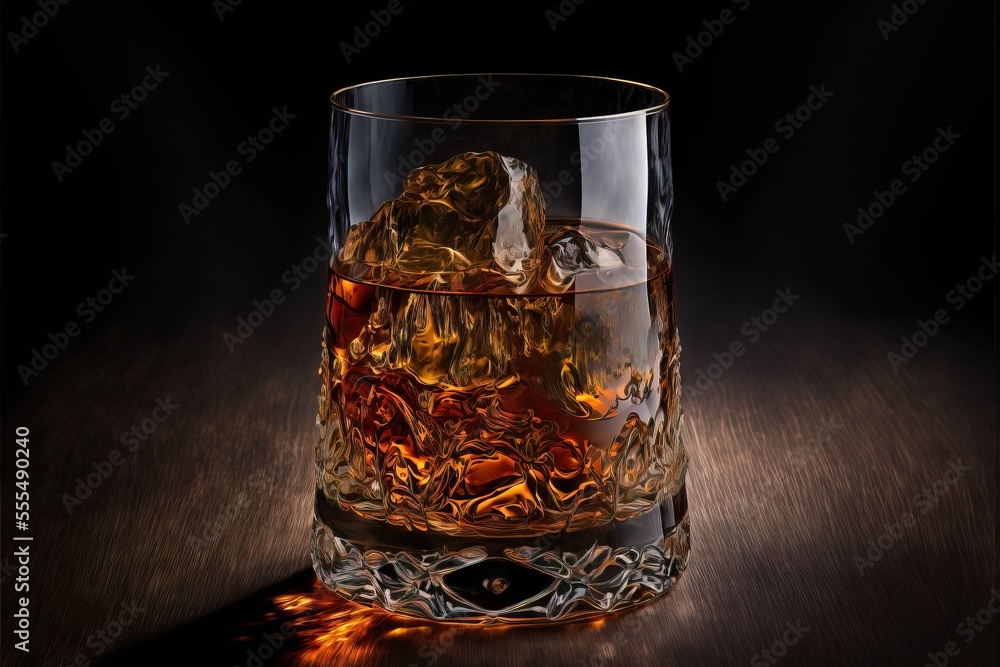 Poster  a glass of whiskey with ice cubes on a table top with a black background and a shadow of a glass. Generative AI