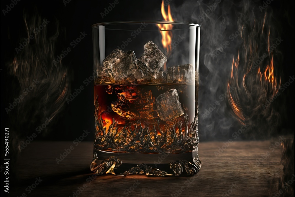 Poster  a glass of whiskey with ice and fire in the background on a table with a black background and a black background. Generative AI