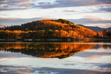 Fototapeta premium Sunset over Mestervik or Meistervik is a village in Balsfjord Municipality in Troms og Finnmark county, Norway