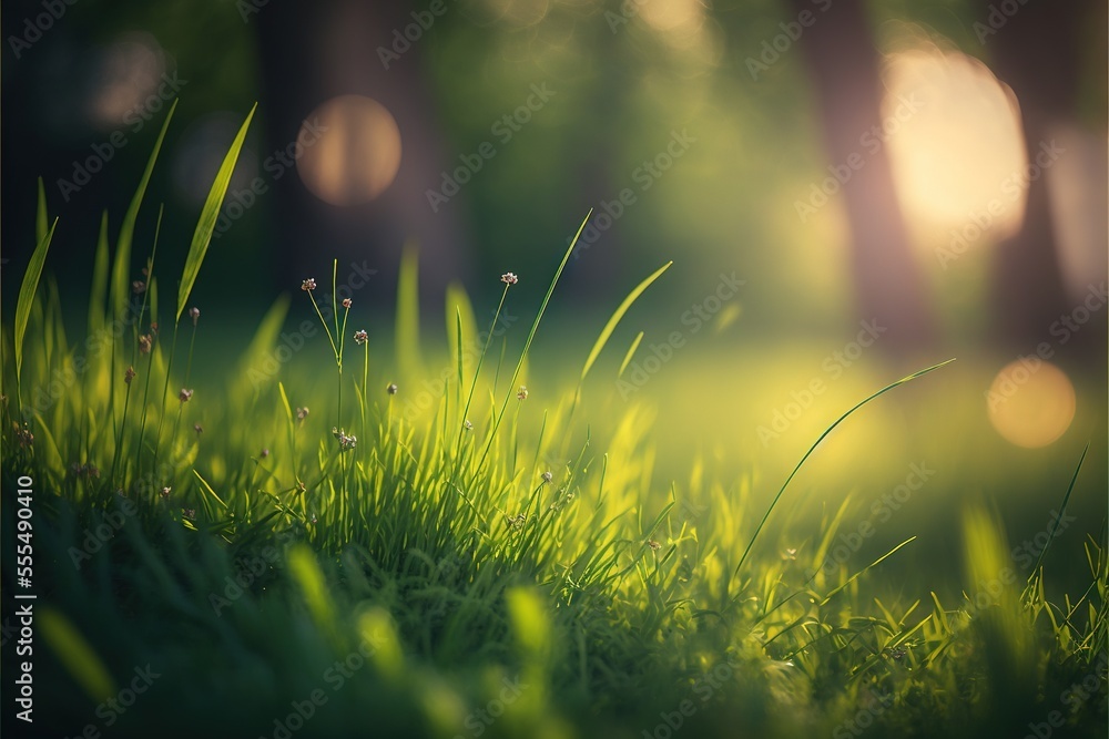 Poster a grassy field with trees in the background and sunlight shining through the trees on the grass and 