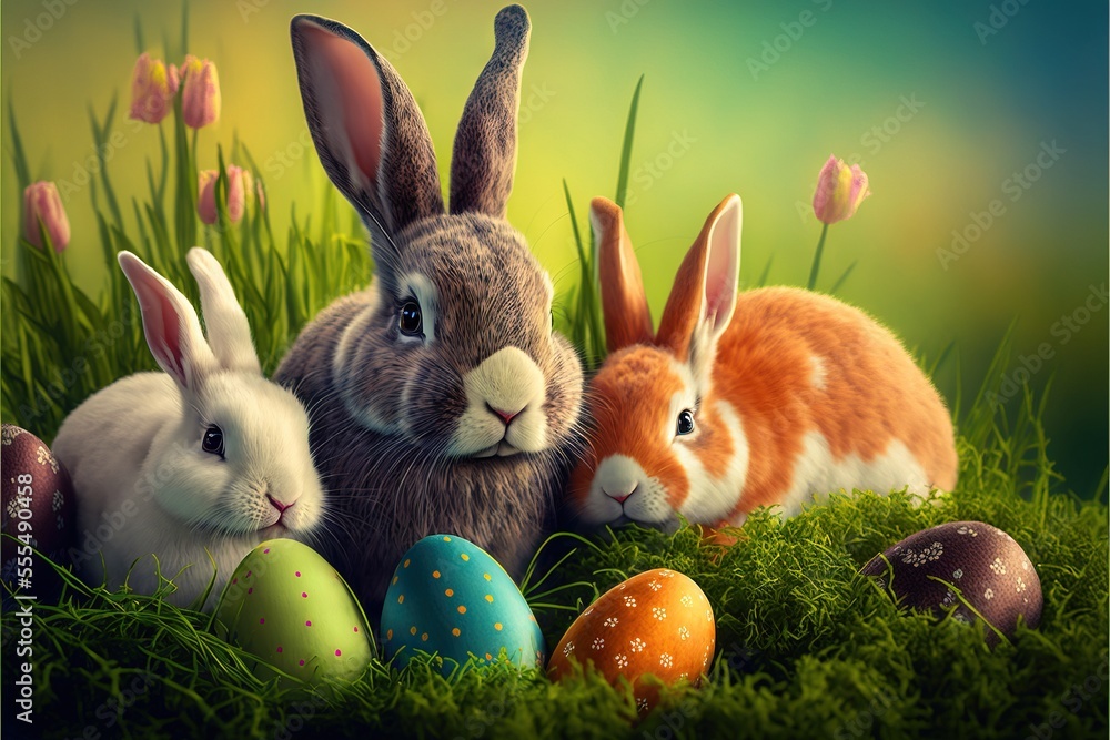 Poster a group of rabbits sitting in the grass with eggs in front of them and tulips in the background. gen