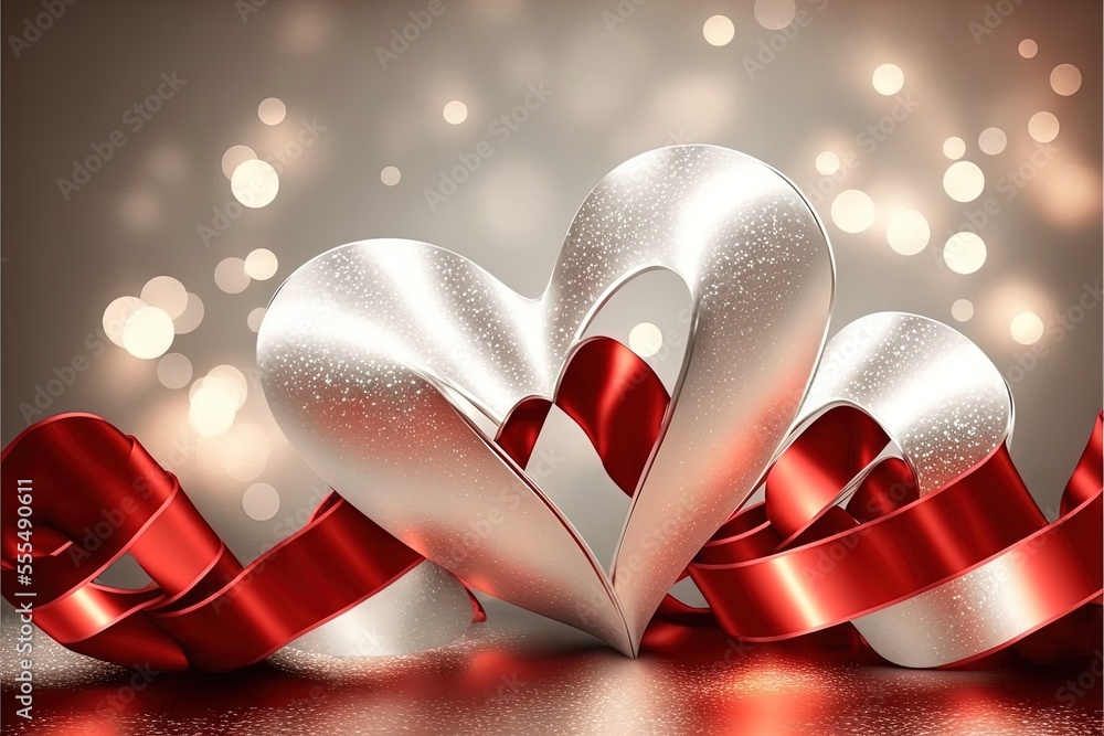 Poster two silver hearts with red ribbons on a table, set against a blurred background the ribbons are arra