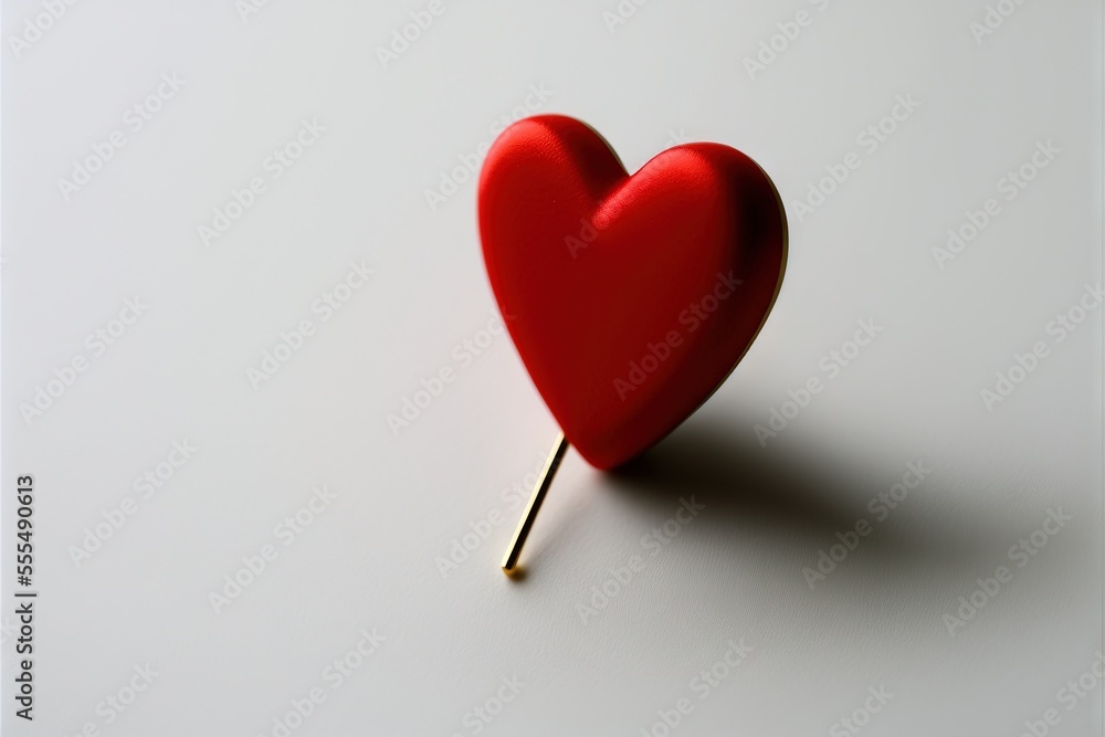Poster a red heart shaped object with a gold stick sticking out of it's side on a white surface. generative