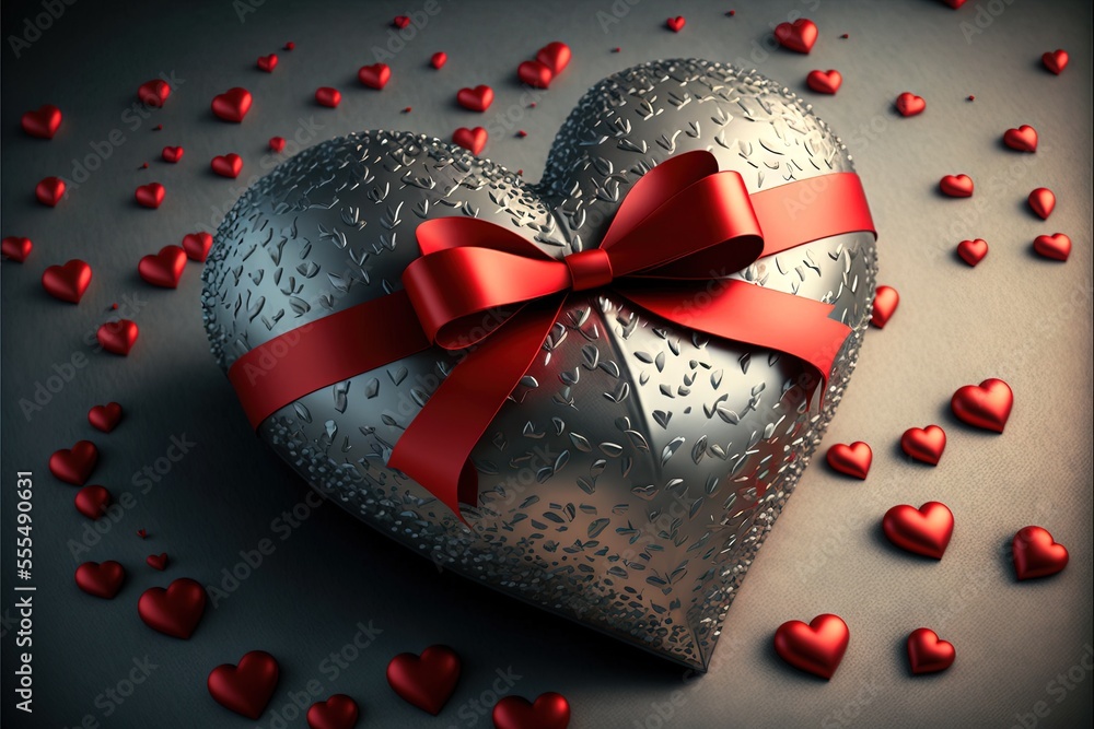 Poster a heart shaped box with a red bow on it and hearts scattered around it on a table top with a red rib