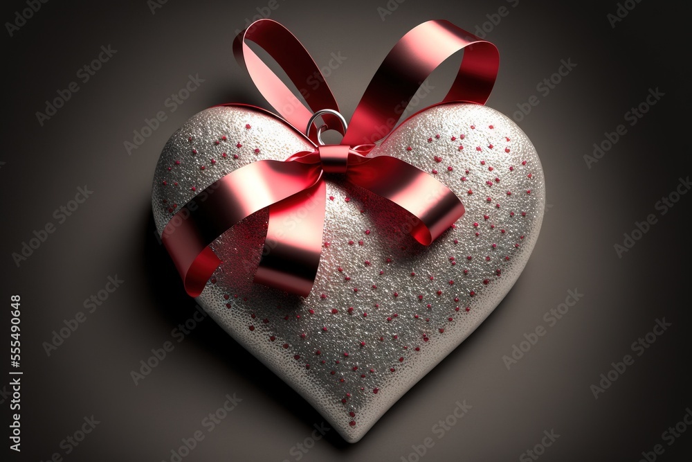 Aufkleber a heart shaped box with a red bow on it's side and a ribbon on the top of it. generative ai
