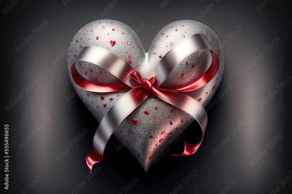 Poster a heart shaped box with a bow on it's side and a ribbon on the front of it. generative ai