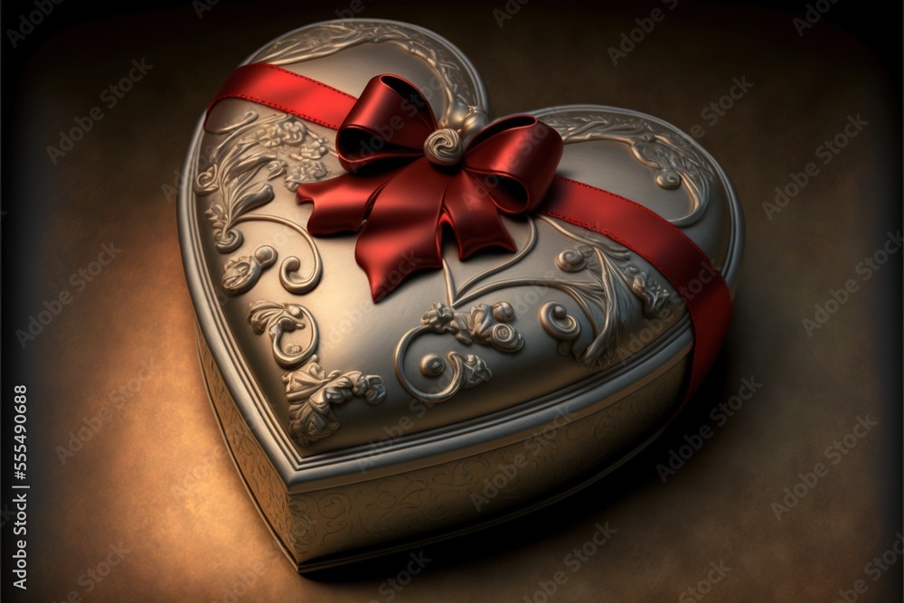 Aufkleber a heart shaped box with a red ribbon on it's side and a bow on top of it. generative ai