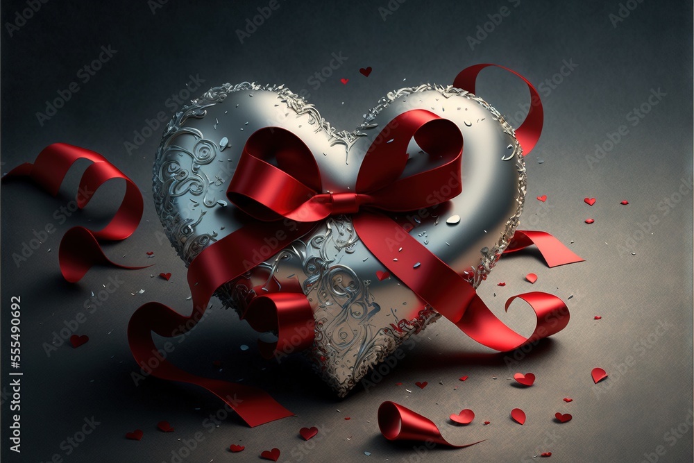 Poster a heart shaped box with a red ribbon on it and a bow on the top of it. generative ai