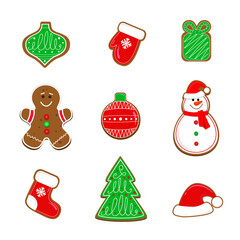 Christmas and New Year set with Snowman, Christmas tree, gift box, santa hat, gingerman, ball. Collection of holiday gingerbread symbols. Vector illustration on white background. 