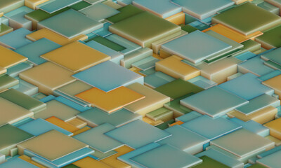 Abstract digital wallpaper design of  yellow blue green cubes on a plane with intersecting geometry. Subsurface scattering . 3d render. Three dimensional. Beautiful office illustration of mosaic tiles