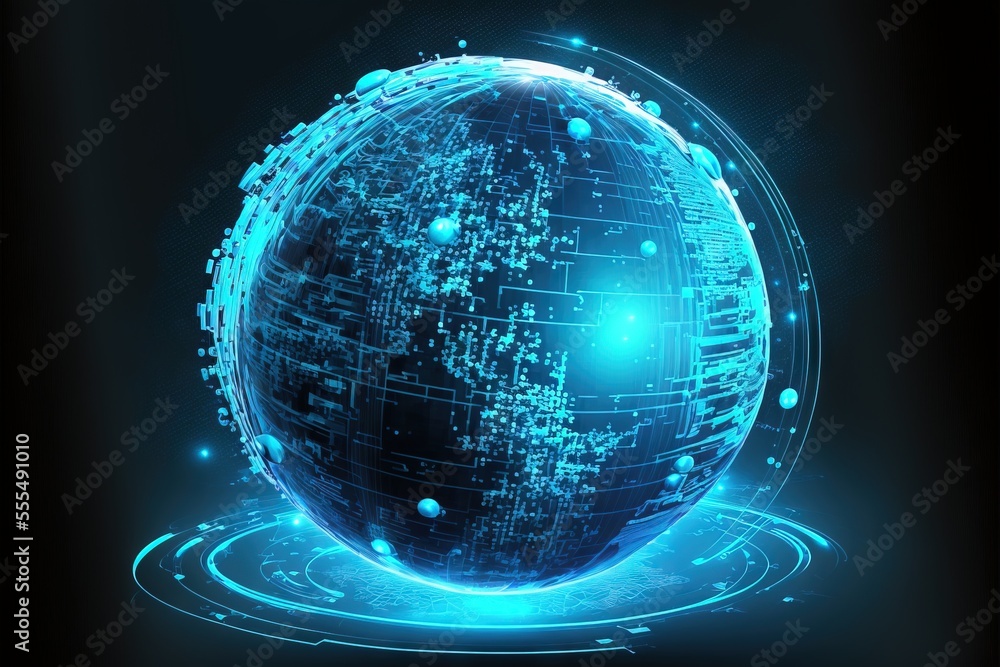 Aufkleber a blue globe with a technological pattern on it's surface and a black background with a blue glow. g