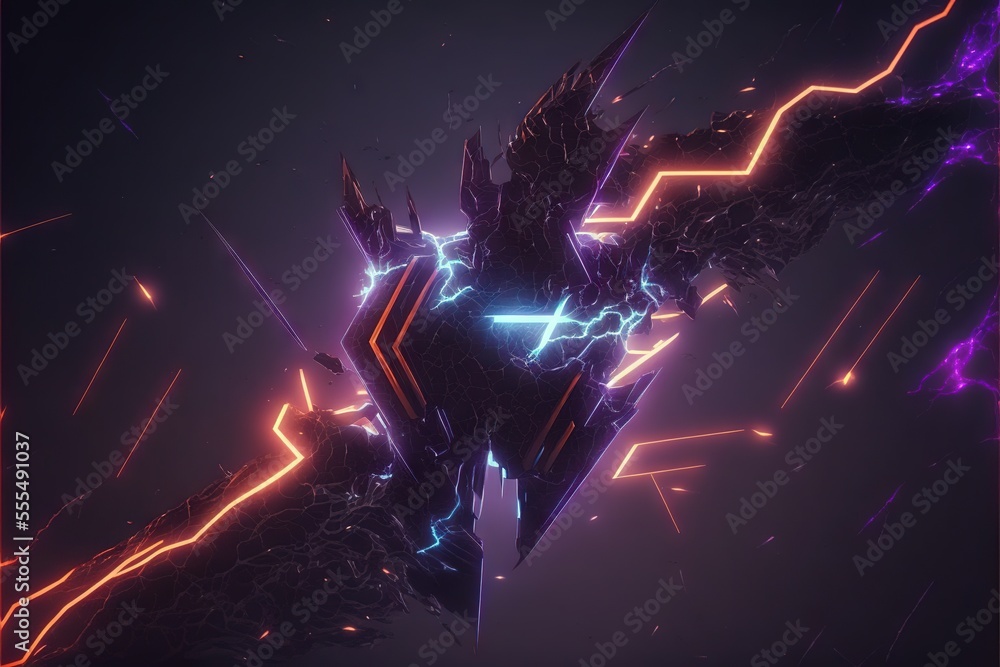 Poster a futuristic creature with a lightning effect in the background of a dark background with neon light