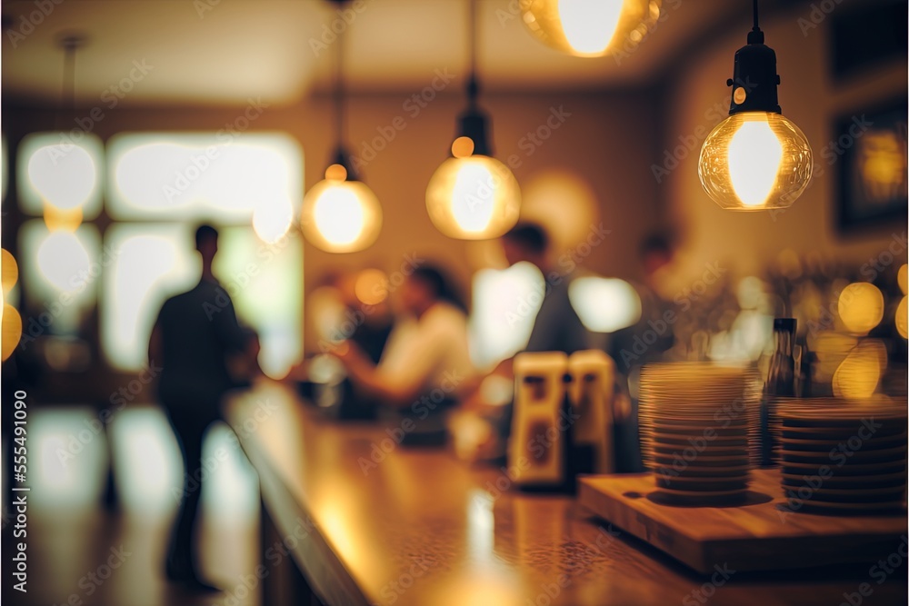 Poster a restaurant with a counter and several hanging lights above it and people in the background eating 