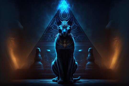 The Egyptian cat goddess Bastet, atop a pyramid in the dark. Immense antiquity, with all its mysterious allure. In contrast to the darkness of the backdrop Generative AI