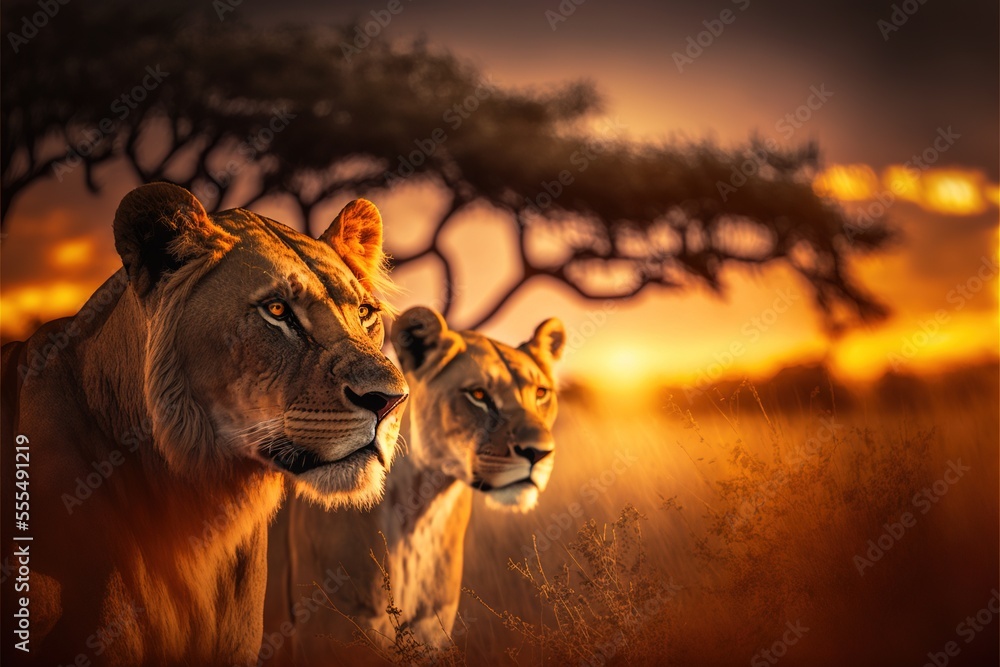 Poster a group of lions walking across a field at sunset with trees in the background and a sky with clouds