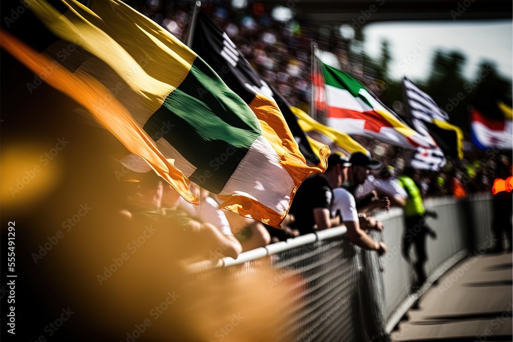 Poster a group of people holding flags in a stadium with a crowd watching them from the stands and a fence.