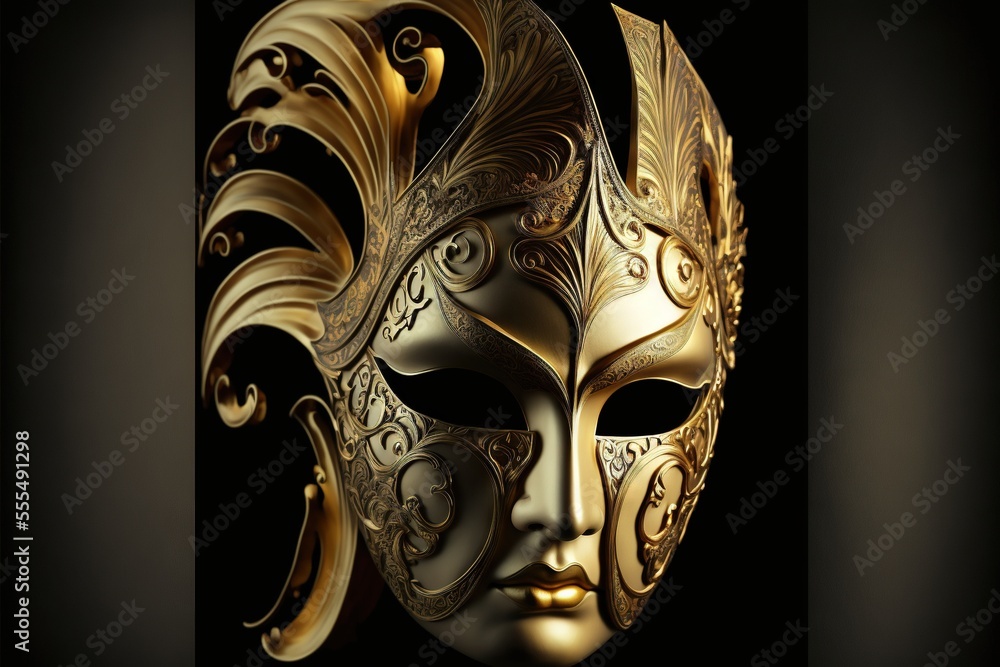 Poster a gold mask with intricate designs on it's face and a black background with a black background behin