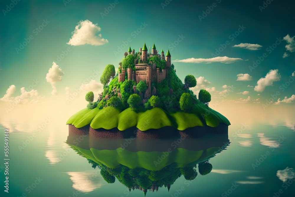 Aufkleber unrealistic flying island with a lawn and a castle above the clouds. generative ai