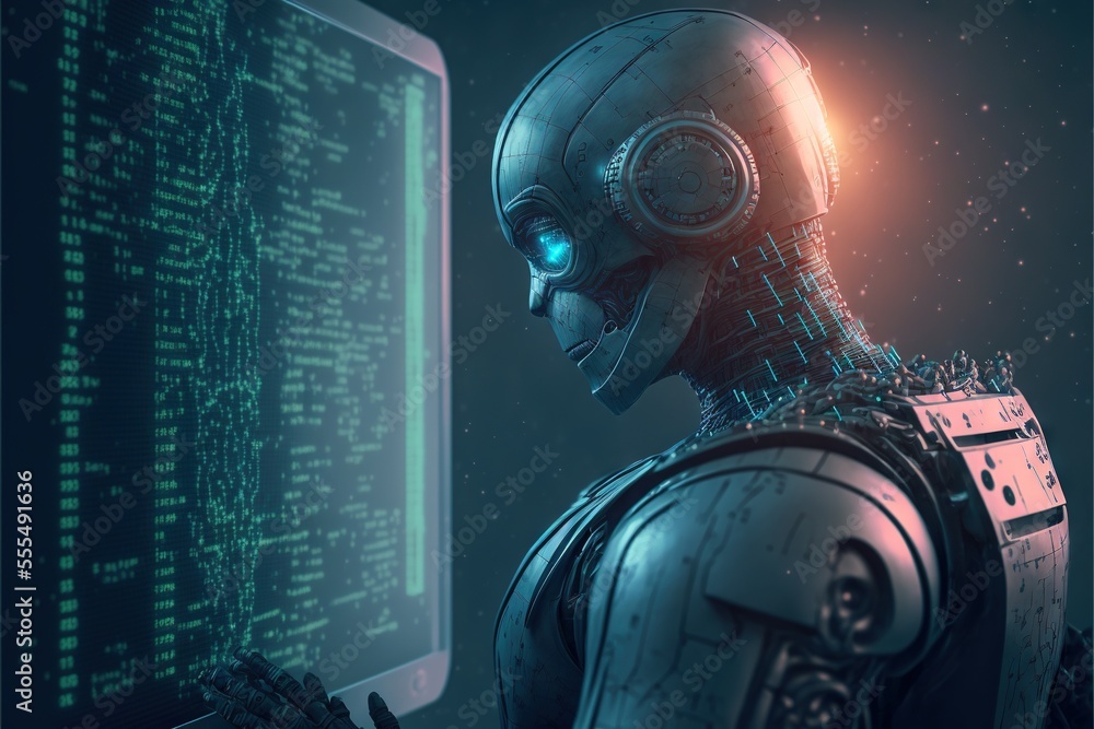 Poster a robot looking at a computer screen with a glowing eyeball in his face and a glowing head. generati