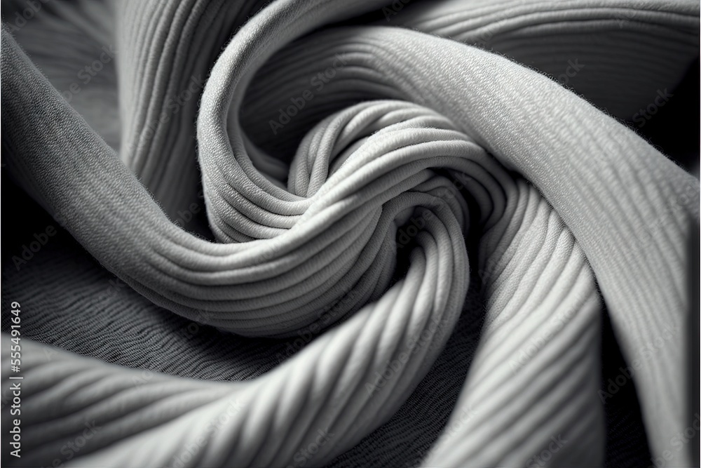 Poster a black and white photo of a twisted fabric material that is very soft and soft and soft looking. ge