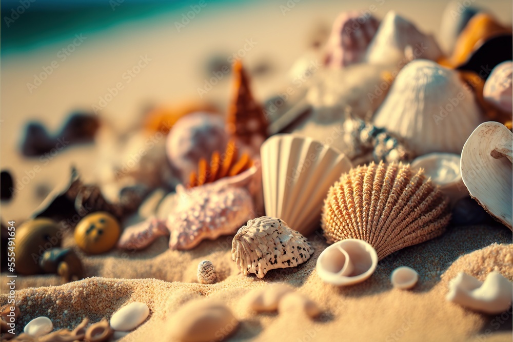 Aufkleber a bunch of shells on a beach with a blurry background of the ocean and sand. generative ai