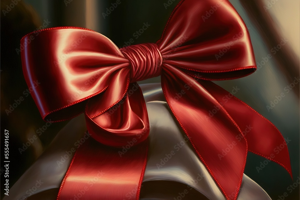 Poster a red bow on a white box with a ribbon on it's side. generative ai