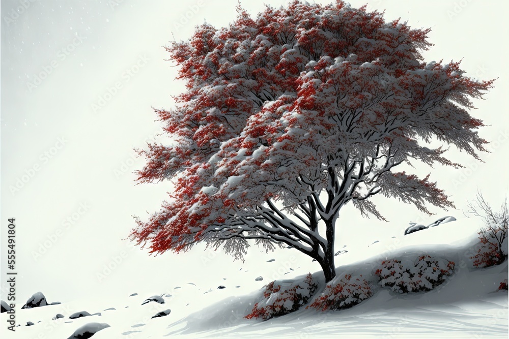 Poster a tree with red leaves in the snow on a hill side with rocks and snow on the ground and a sky backgr