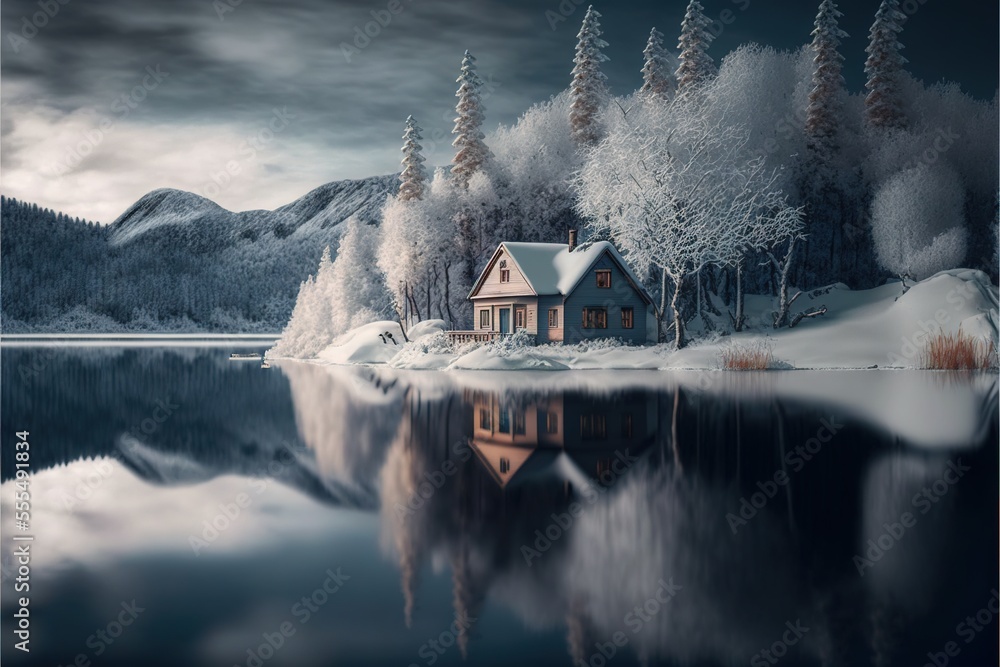 Poster a house on a lake surrounded by trees and snow covered mountains in the background is a full moon an