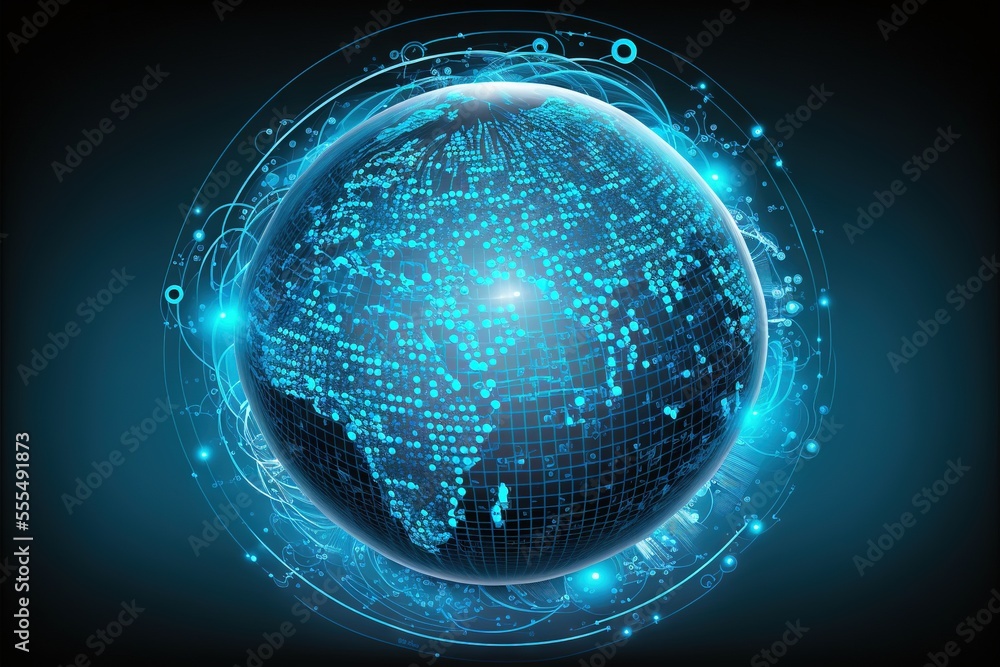 Poster a blue earth with a network of dots and dots around it on a dark background with a blue background. 