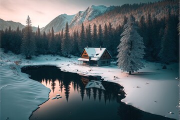  a cabin in the middle of a snowy forest with a lake in front of it and a mountain in the background.