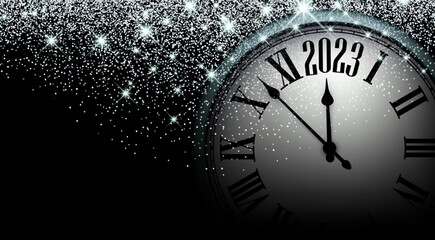 Fototapeta na wymiar Half hidden clock showing 2023 on back background.