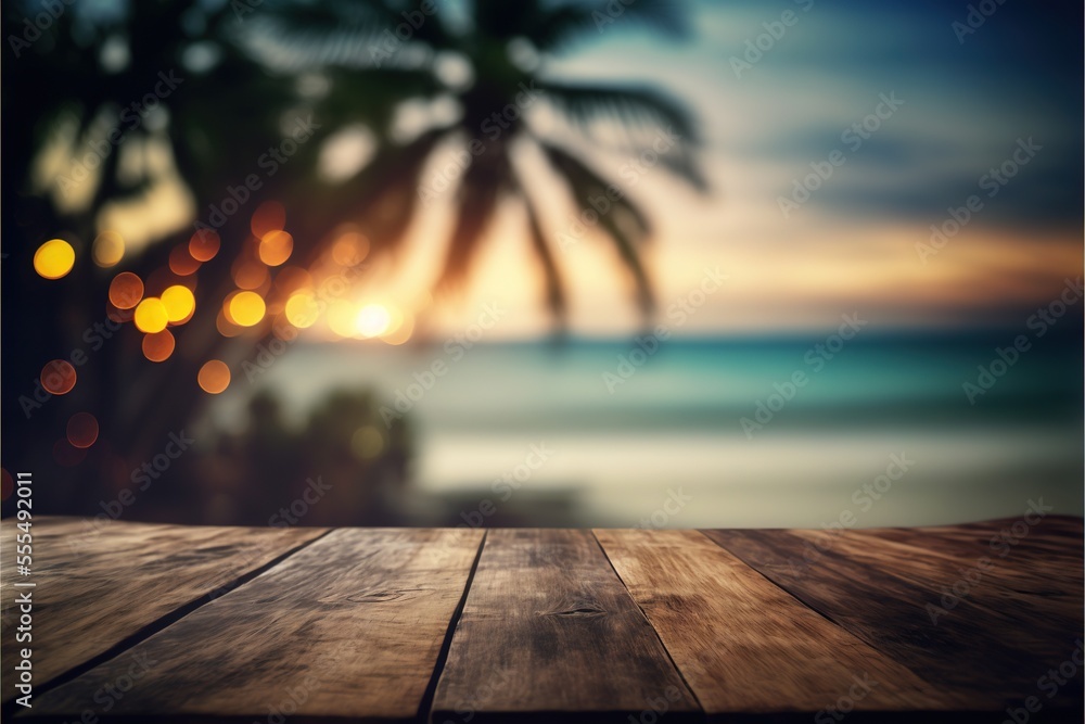 Poster a wooden table with a blurry background of a beach and palm trees in the background with a blurred i