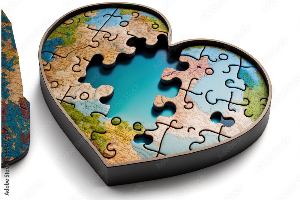 Poster a heart shaped puzzle with a blue lake in the middle of it and a piece missing from it to show the m