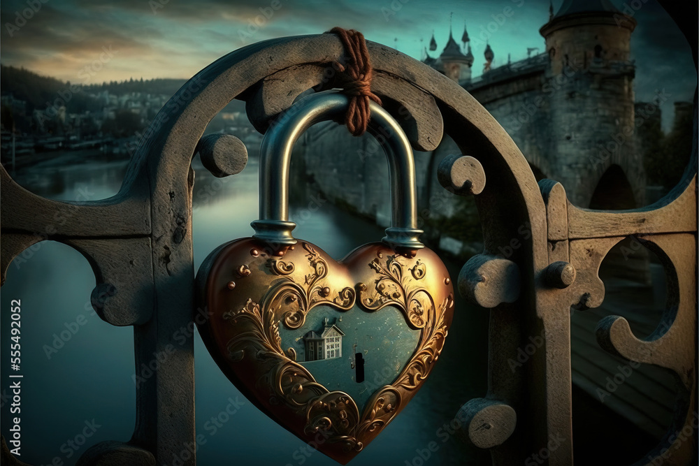 Poster a heart shaped lock on a gate with a castle in the background at night time with a moon in the sky. 