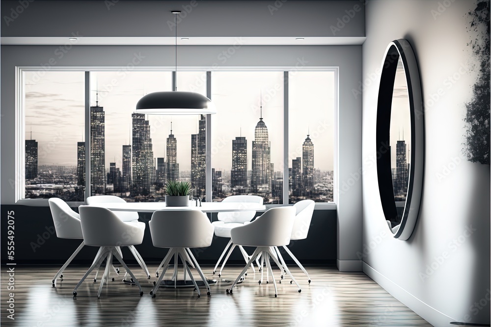 Poster a dining room with a table and chairs in front of a window with a view of the city outside. generati