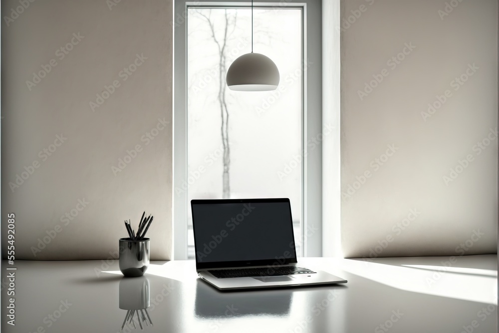 Poster a laptop computer sitting on top of a desk next to a window with a lamp on it and a pen holder. gene