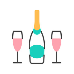 Pink champagne bottle and two glasses flat line icon isolated on white background. Alcoholic beverage with cork sign. Romantic party event minimal symbol logo design Abstract drink vector illustration