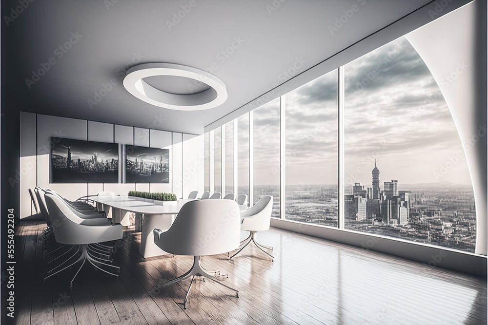 Poster a room with a table and chairs and a view of the city outside the window with a skylight. generative