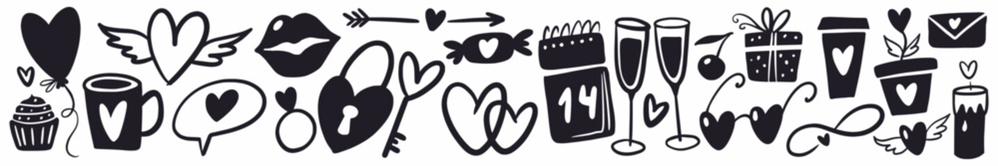 Horizontal vector illustration with a collection of elements for Valentine's Day, hand-drawn in doodle style