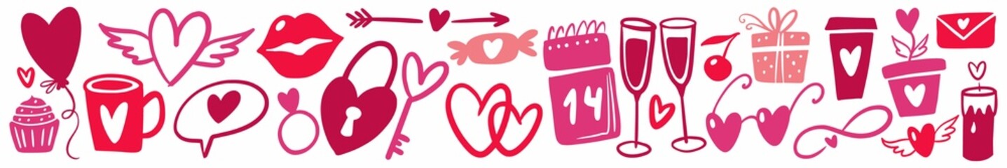 Horizontal illustration with a collection of elements for Valentine's day, hand-drawn in the style of a doodle